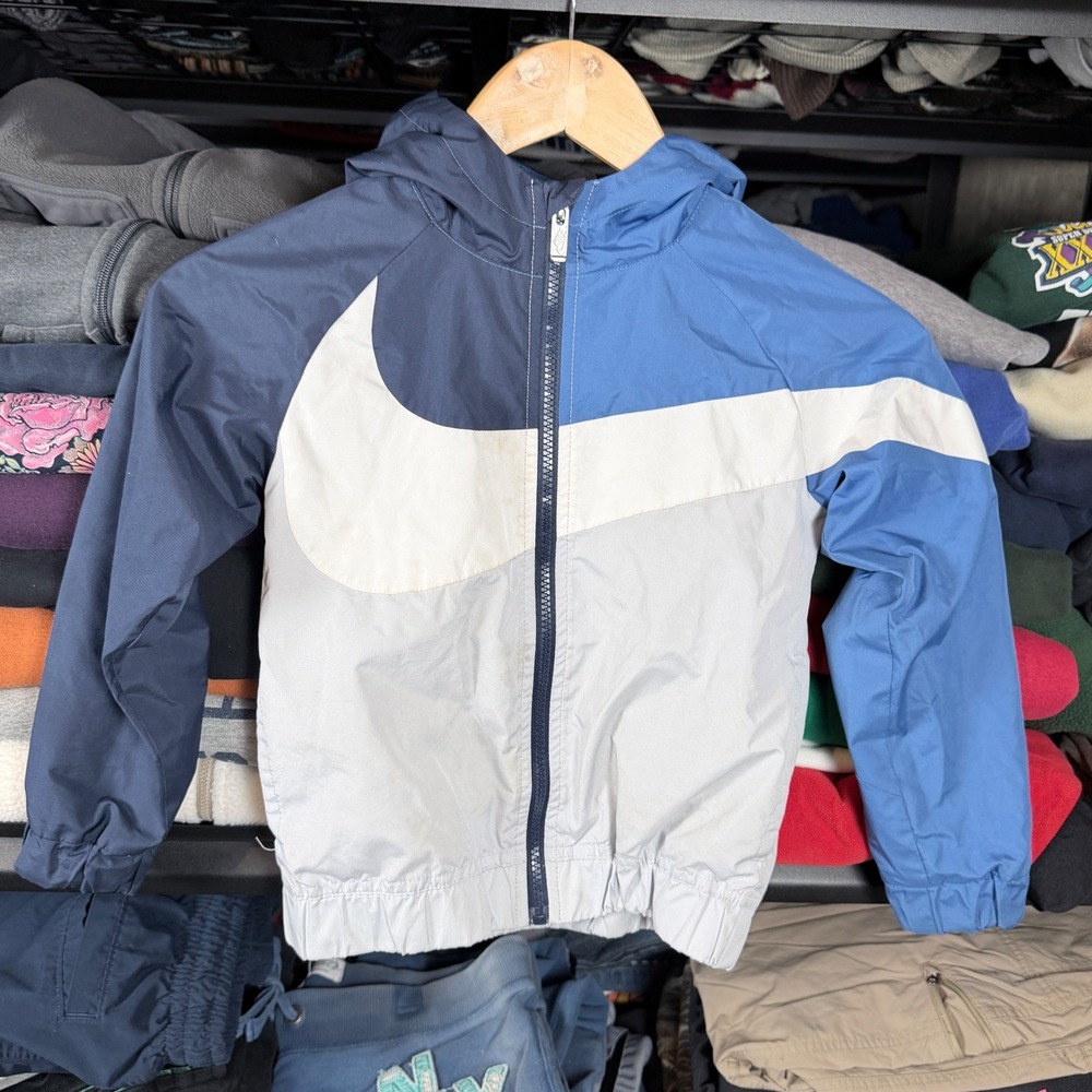 Kids Nike Windbreaker Jacket Blue White Gray Big Swoosh Hooded Size M 5-6 Years